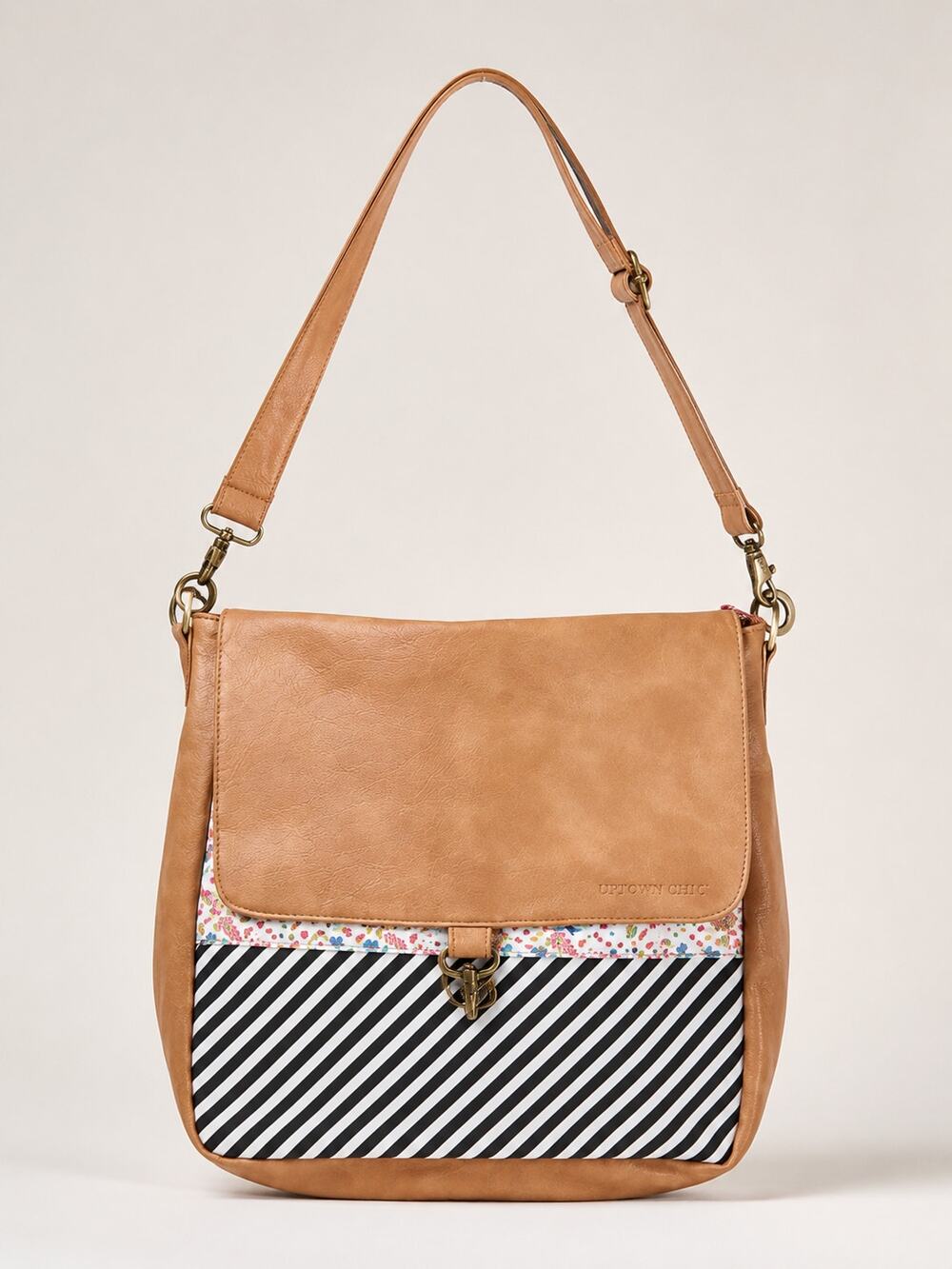 Close To My Heart Tan Faux Leather Shoulder Tote Craft Bag Floral Stripe